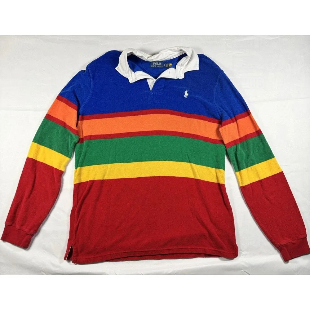 Polo Ralph Lauren Rugby Shirt Mens L Terry Cloth Rainbow Striped Pony Logo
